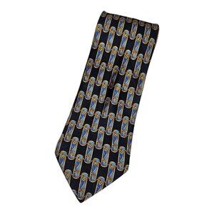 LANVIN Men's 100% Silk Necktie LUXURY Tie Blue Geometric W:3.8" EUC